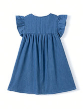 1pc Young Girl Cute Dinosaur Embroidered Denim Dress With Ruffle Hem And Short Sleeves, For Summer